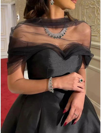 A-Line Evening Gown Elegant Dress Black Dress Formal Carival Court Train Short Sleeve Illusion Neck Satin with Pleats 2023