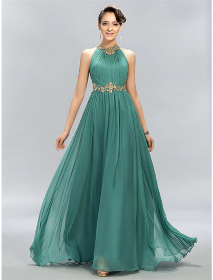 A-Line Wedding Guest Dresses Elegant Dress Party Wear Wedding Party Floor Length Sleeveless Halter Neck Chiffon with Ruched Appliques