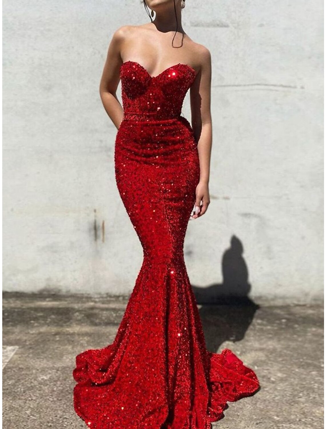 Mermaid Red Green Dress Evening Gown Sparkle & Shine Dress Prom Wedding Party Sweep / Brush Train Sleeveless Sweetheart Sequined Backless with Sequin