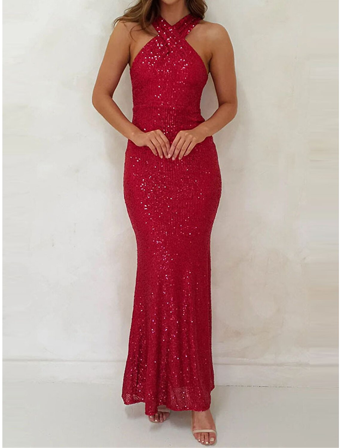 Women's Sequin Dress Prom Dress Party Dress Long Dress Maxi Dress Black Pink Red Sleeveless Plain Sequins Summer Spring Fall Halter Neck Elegant Wedding Guest Birthday Evening Party