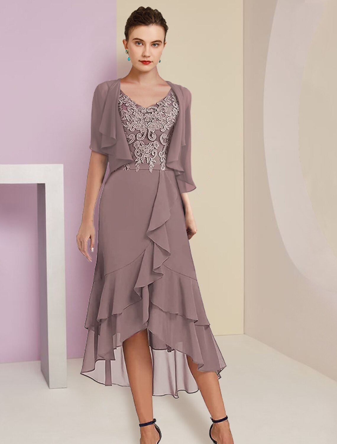 Two Piece A-Line Mother of the Bride Dress Formal Fall Wedding Guest Elegant High Low V Neck Asymmetrical Tea Length Chiffon Lace Short Sleeve 3/4 Length Sleeve Wrap Included with Appliques