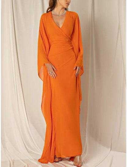 Sheath / Column Evening Gown Elegant Dress Formal Fall Ankle Length Long Sleeve V Neck Chiffon with Ruched Ruffles