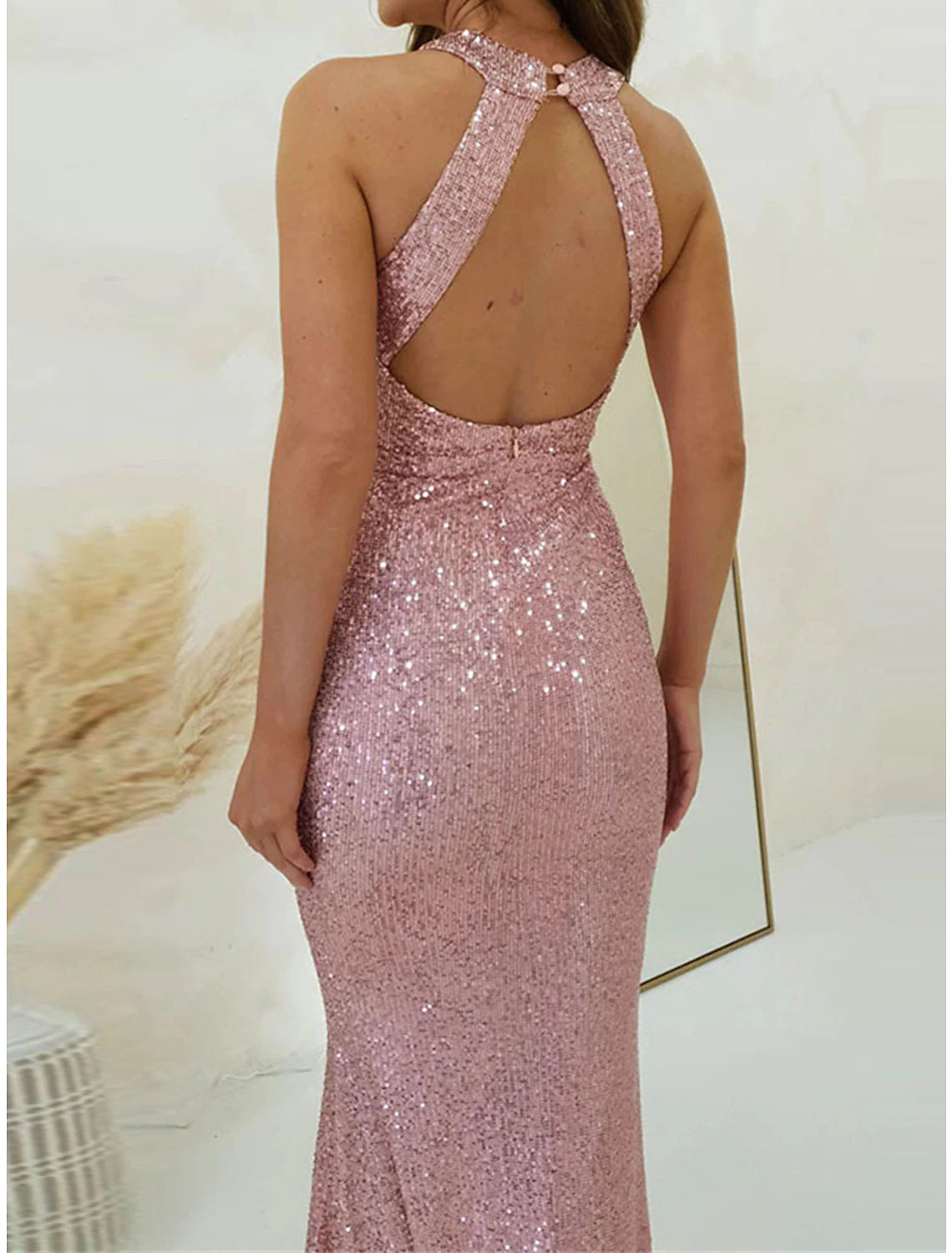 Women's Sequin Dress Prom Dress Party Dress Long Dress Maxi Dress Black Pink Red Sleeveless Plain Sequins Summer Spring Fall Halter Neck Elegant Wedding Guest Birthday Evening Party