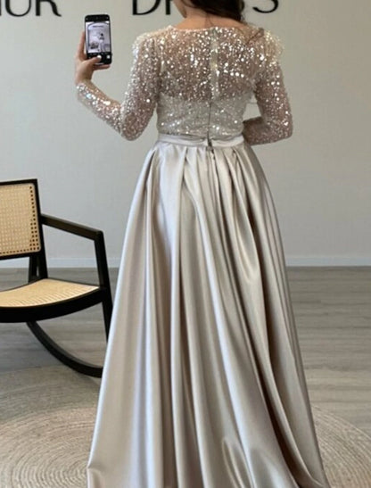 Mermaid / Trumpet Evening Gown Elegant Dress Carnival Masquerade Floor Length Long Sleeve Illusion Neck Fall Wedding Reception Satin with Pearls Overskirt