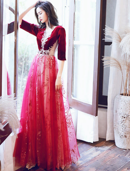 A-Line Glittering Cut Out Party Wear Formal Evening Dress Illusion Neck Half Sleeve Floor Length Velvet with Sequin Appliques