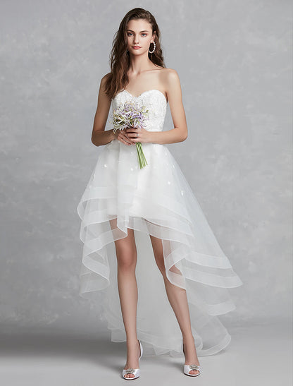 Reception Little White Dresses Wedding Dresses A-Line Sweetheart Strapless Asymmetrical Lace Bridal Gowns With Appliques