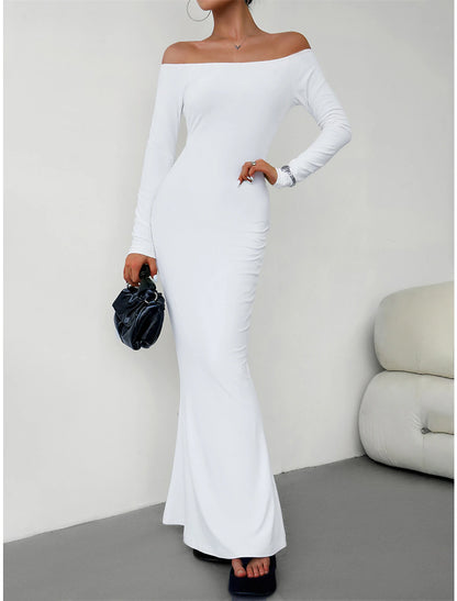 Women‘s Prom Dress Party Dress Wedding Guest Dress Black Dress Long Dress Maxi Dress White Brown Long Sleeve Pure Color Backless Fall Winter Autumn Off Shoulder Fashion Winter Dress Birthday