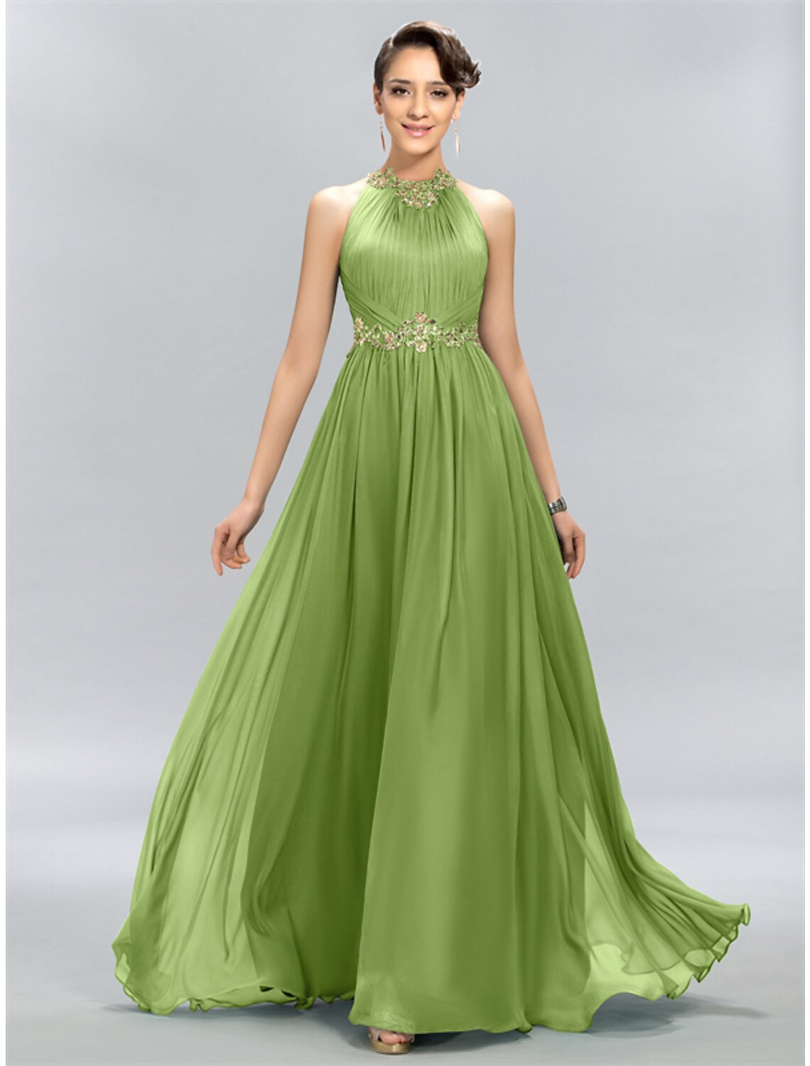 A-Line Wedding Guest Dresses Elegant Dress Party Wear Wedding Party Floor Length Sleeveless Halter Neck Chiffon with Ruched Appliques