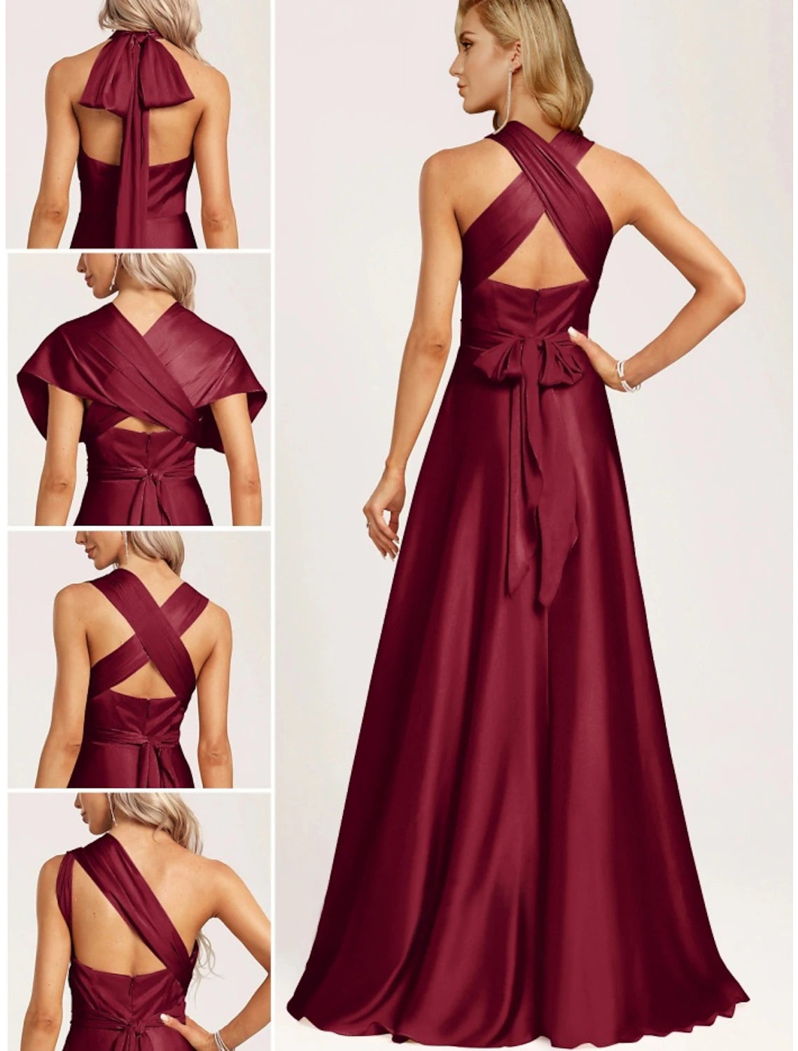 A-Line Bridesmaid Dress Halter Neck Sleeveless Elegant Floor Length Stretch Satin with Split Front / Ruchin