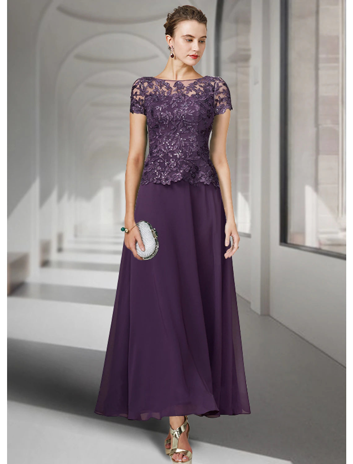 A-Line Mother of the Bride Dress Elegant Jewel Neck Ankle Length Chiffon Lace Short Sleeve with Pleats Appliques