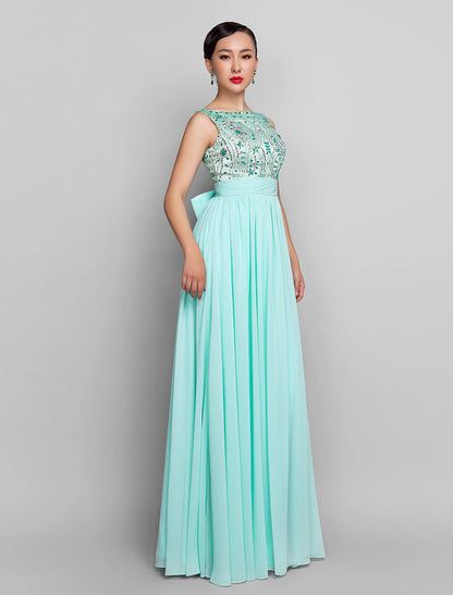 A-Line Beaded & Sequin Holiday Cocktail Party Prom Dress Scoop Neck Sleeveless Floor Length Chiffon with Bow(s) Ruched Beading