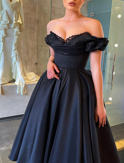 A-Line Prom Black Dress Vintage Dress Masquerade Wedding Party Tea Length Short Sleeve Off Shoulder Fall Wedding Guest Satin with Ruched