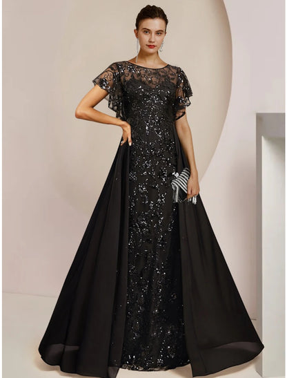 A-Line Mother of the Bride Dress Wedding Guest Elegant Scoop Neck Floor Length Chiffon Lace Sequined Short Sleeve with Sequin Ruching Solid Color