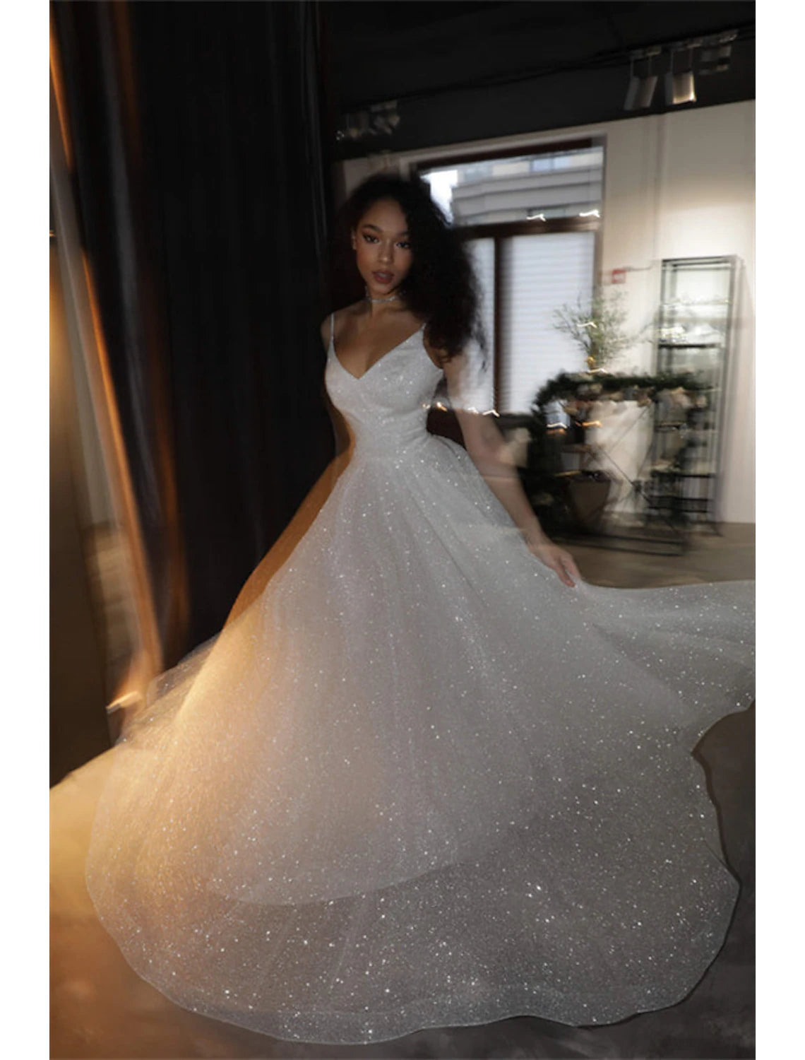 Hall Sparkle & Shine Casual Wedding Dresses A-Line Camisole V Neck Spaghetti Strap Sweep / Brush Train Sequined Bridal Gowns With Solid Color Summer Fall Wedding Party, Women's Clothing