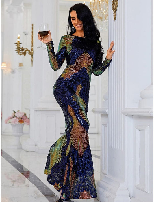 Mermaid / Trumpet Evening Gown Elegant Dress Formal Sweep / Brush Train Long Sleeve Scoop Neck Sequined with Glitter Pleats