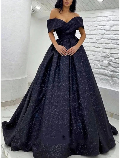 A-Line Prom Dresses Elegant Dress Black Tie Gala Sweep / Brush Train Short Sleeve Off Shoulder Sequined with Glitter Pleats