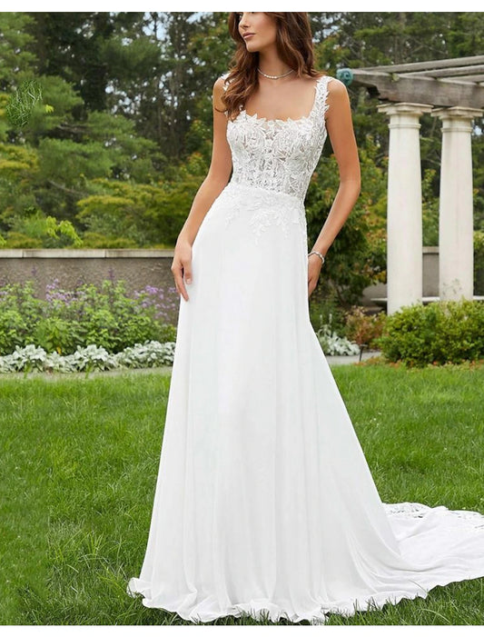 Beach Boho Wedding Dresses Sheath / Column Scoop Neck Sleeveless Court Train Chiffon Bridal Gowns With Appliques