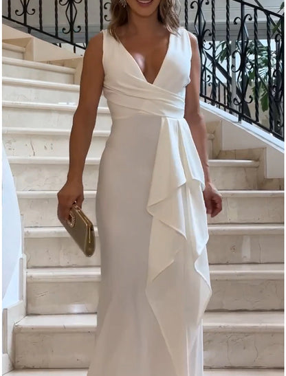 Women's Prom Dress Party Dress Wedding Guest Dress Long Dress Maxi Dress White Sleeveless Pure Color Ruffle Spring Fall Winter V Neck Fashion Winter Dress Evening Party Wedding Guest