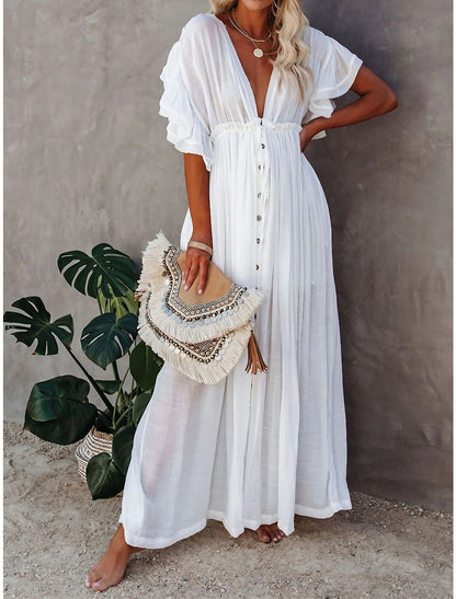 Women's Long Dress Maxi Dress Party Dress Casual Dress Swing Dress Pure Color Fashion Casual Outdoor Daily Vacation Ruffle Backless Short Sleeve V Neck Dress Loose Fit ArmyGreen White Red Summer