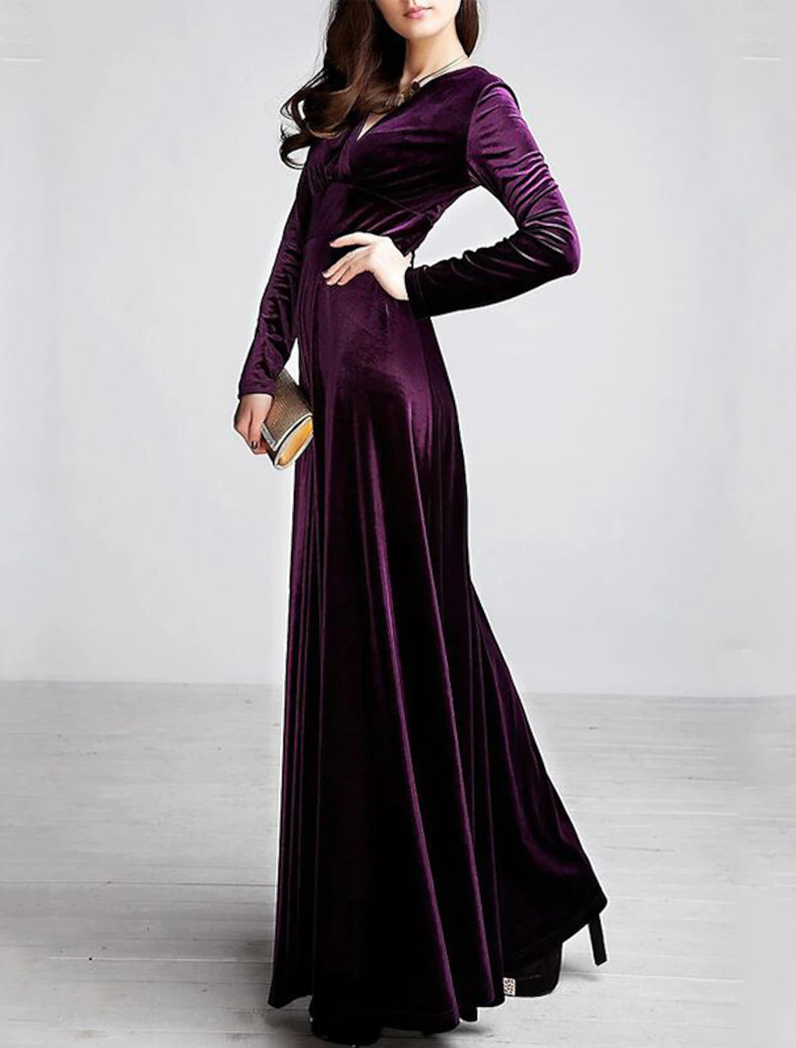 Women's Party Dress Velvet Dress Long Dress Maxi Dress Wine Black Purple Long Sleeve Pure Color Ruched Winter Fall Autumn V Neck Fashion Party Winter Dress Fall Dress