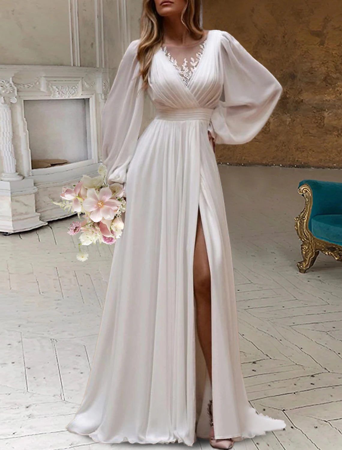 Bridal Shower Little White Dresses Wedding Dresses A-Line Scoop Neck Long Sleeve Sweep / Brush Train Chiffon Bridal Gowns With Pleats Appliques