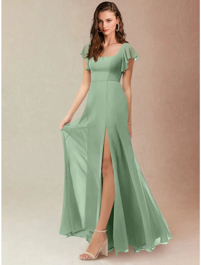 A-Line Bridesmaid Dress Square Neck Short Sleeve Elegant Floor Length Chiffon with Split Front / Ruchin