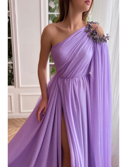 A-Line Evening Gown Elegant Dress Formal Wedding Guest Sweep / Brush Train Sleeveless One Shoulder Capes Chiffon with Slit Shawl