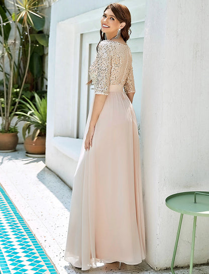 A-Line Mother of the Bride Dress Wedding Guest Plus Size Elegant Jewel Neck Floor Length Tulle Sequined 3/4 Length Sleeve with Sequin Fall