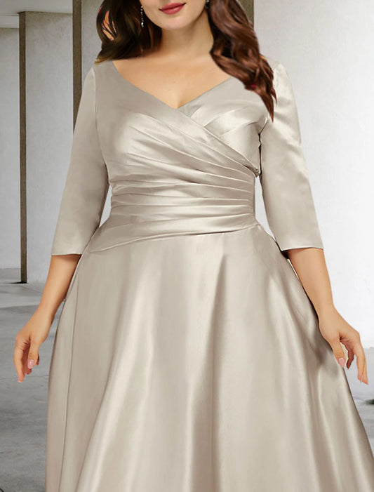 A-Line Mother of the Bride Dresses Plus Size Hide Belly Curve Vintage Dress Formal Tea Length Sleeveless V Neck Satin with Ruched