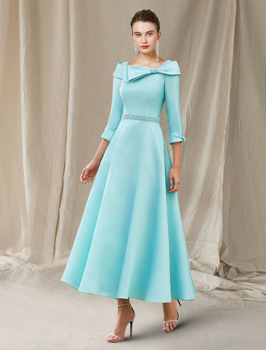 A-Line Mother of the Bride Dress Wedding Guest Elegant Luxurious Bateau Neck Ankle Length Satin 3/4 Length Sleeve with Sash / Ribbon Bow(s) Beading