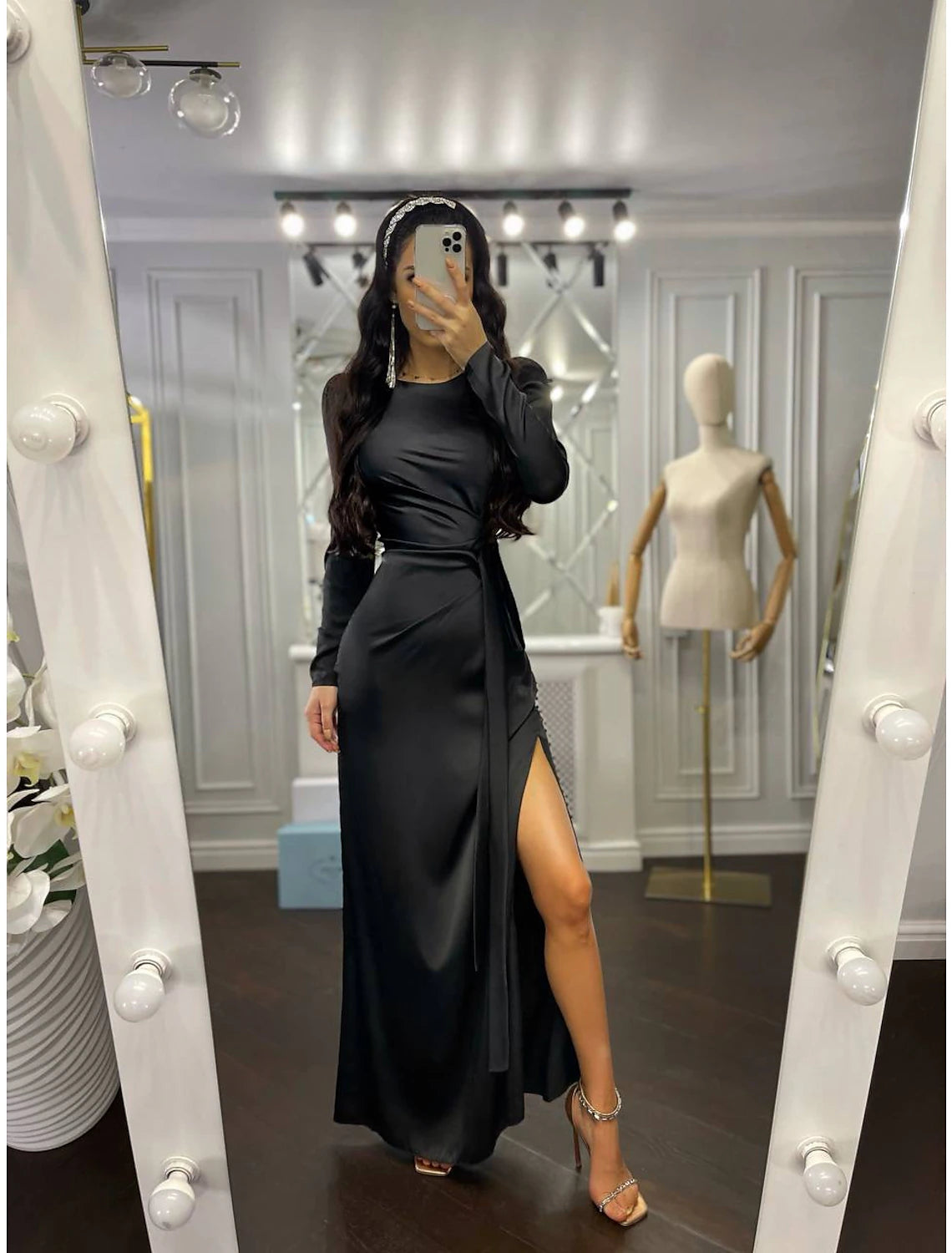 Sheath Party Dress Evening Gown Elegant Dress Wedding Guest Fall Floor Length Long Sleeve High Neck Bridesmaid Dress Satin with Ruched 2023