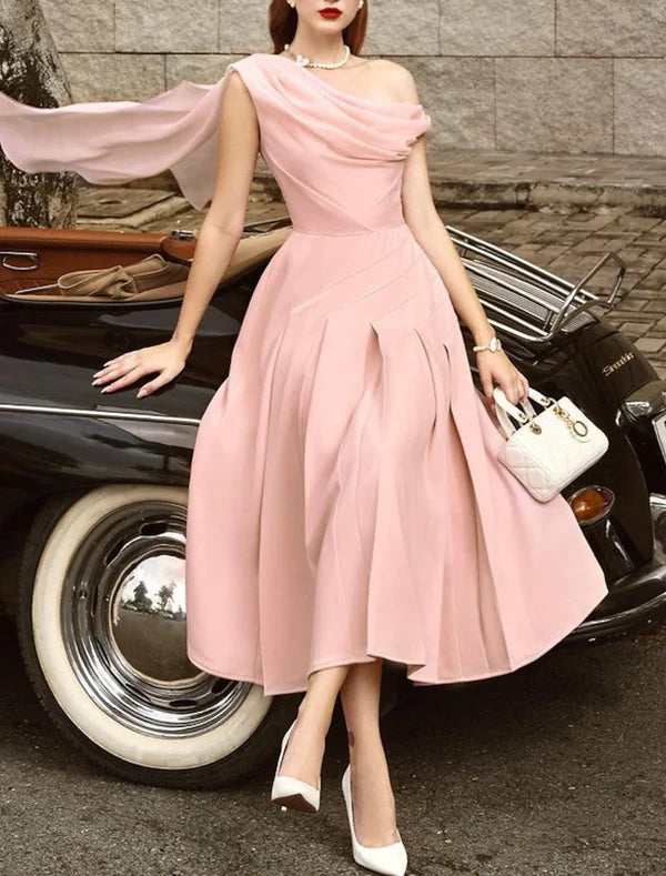 A-Line Cocktail Dresses Elegant Dress Wedding Guest Tea Length Sleeveless Cowl Neck Stretch Chiffon with Ruched