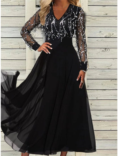 Women‘s Black Dress Prom Dress Party Dress Black Sequin Dress Maxi Dress Long Sleeve Sequins Spring Fall Winter V Neck Fashion Winter Dress Black Cocktail Dress