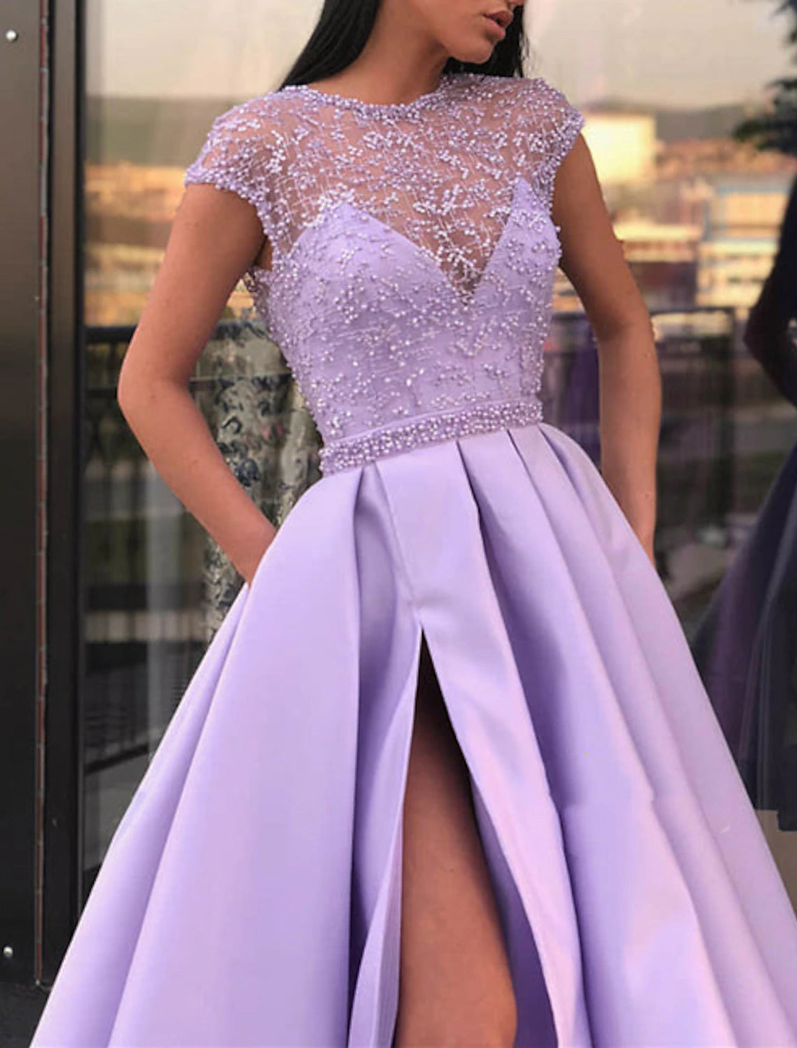 A-Line Evening Gown Sparkle & Shine Dress Formal Wedding Court Train Short Sleeve Jewel Neck Belt / Sash Satin with Slit Appliques