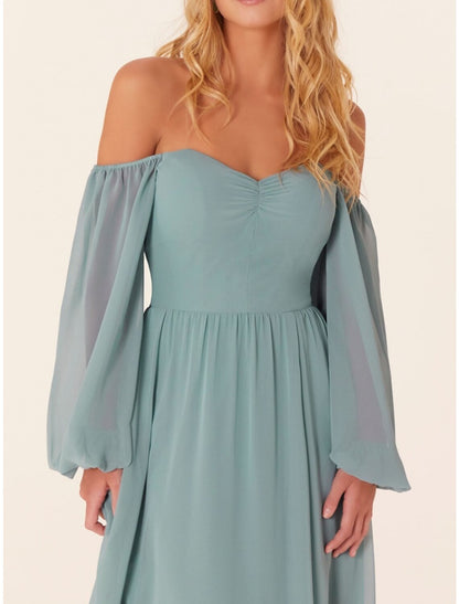 A-Line Bridesmaid Dress Square Neck Long Sleeve Elegant Sweep / Brush Train Chiffon with Split Front / Ruching