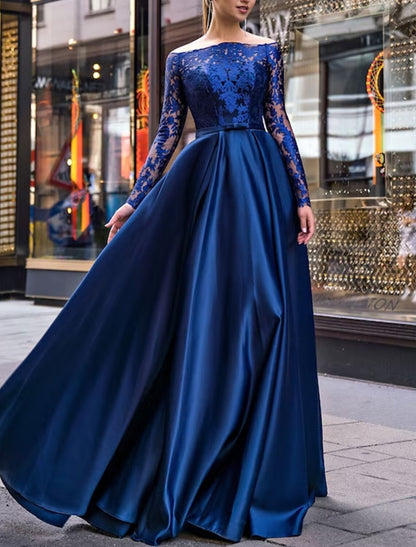 A-Line Evening Gown Elegant Dress Wedding Guest Fall Floor Length Long Sleeve Off Shoulder Belt / Sash Satin with Appliques