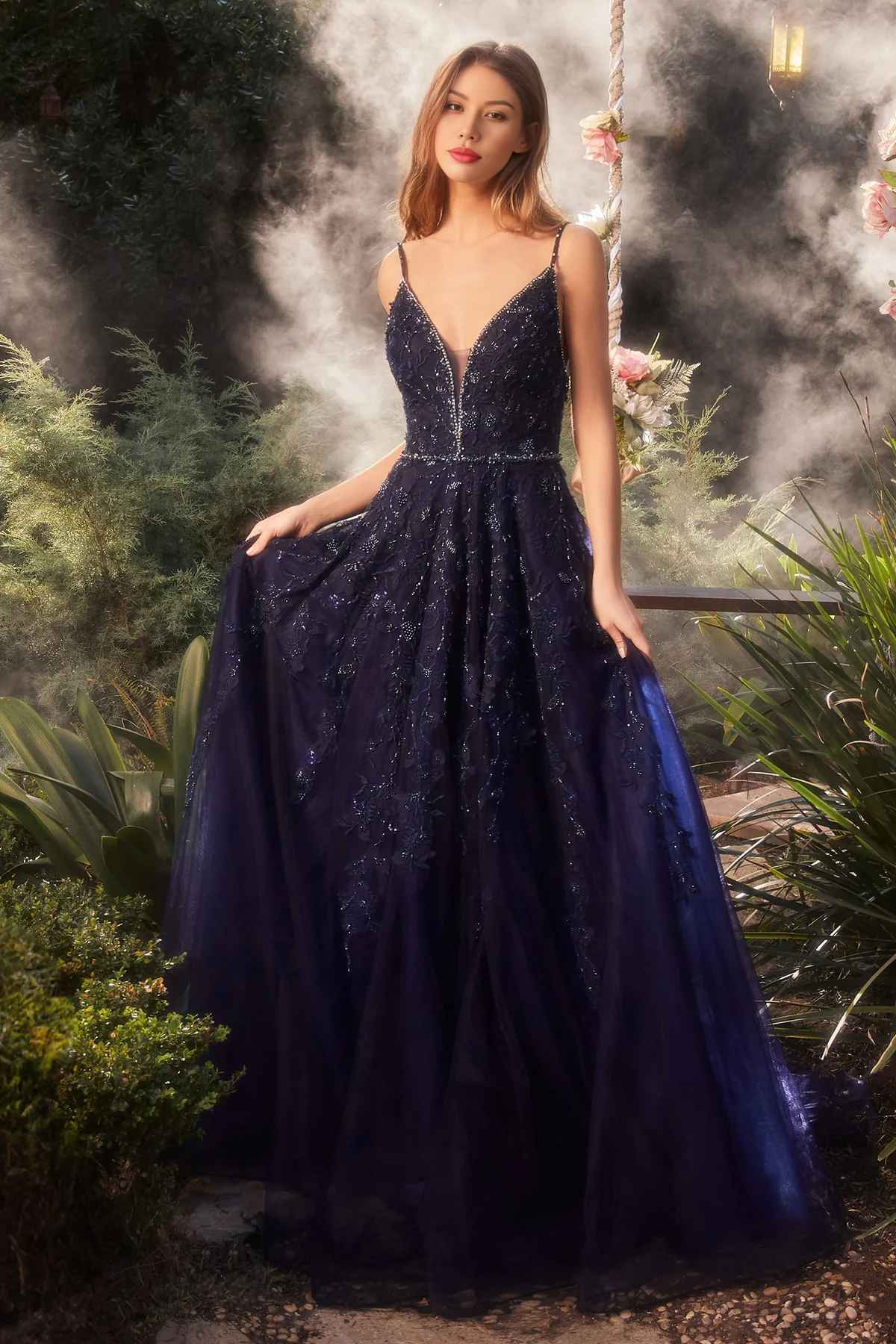 Navy Lace Embroidered Ball Gown Backless V-Neck Prom Dress