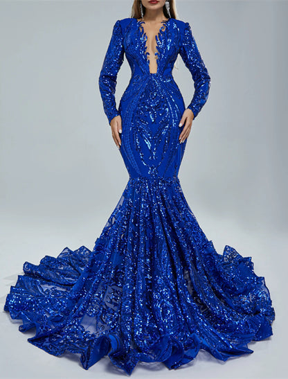 Mermaid / Trumpet Evening Gown Sparkle & Shine Dress Carnival Formal Court Train Long Sleeve V Neck African American Sequined with Beading Sequin