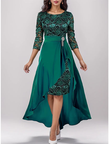 Women's 2 Pieces Lace Dress Maxi Party Dress Green Lace 3/4 Length Sleeve Lace Spring Fall Winter V Neck Wedding Guest Evening Party Vacation