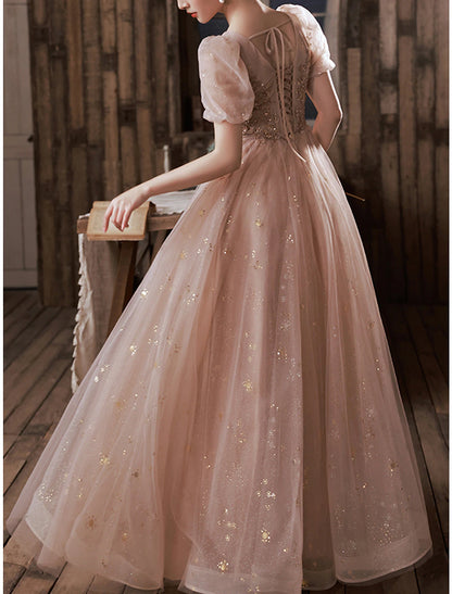 A-Line Prom Dresses Elegant Dress Engagement Prom Floor Length Half Sleeve Square Neck Satin with Appliques