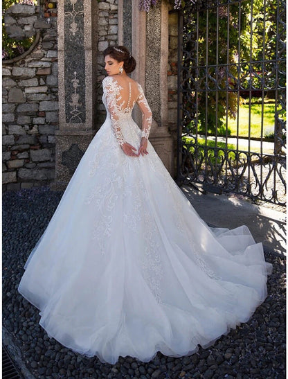 Engagement Formal Fall Wedding Dresses Ball Gown Illusion Neck Long Sleeve Court Train Lace Bridal Gowns With Lace Appliques Summer Wedding Party , Women‘s Clothing