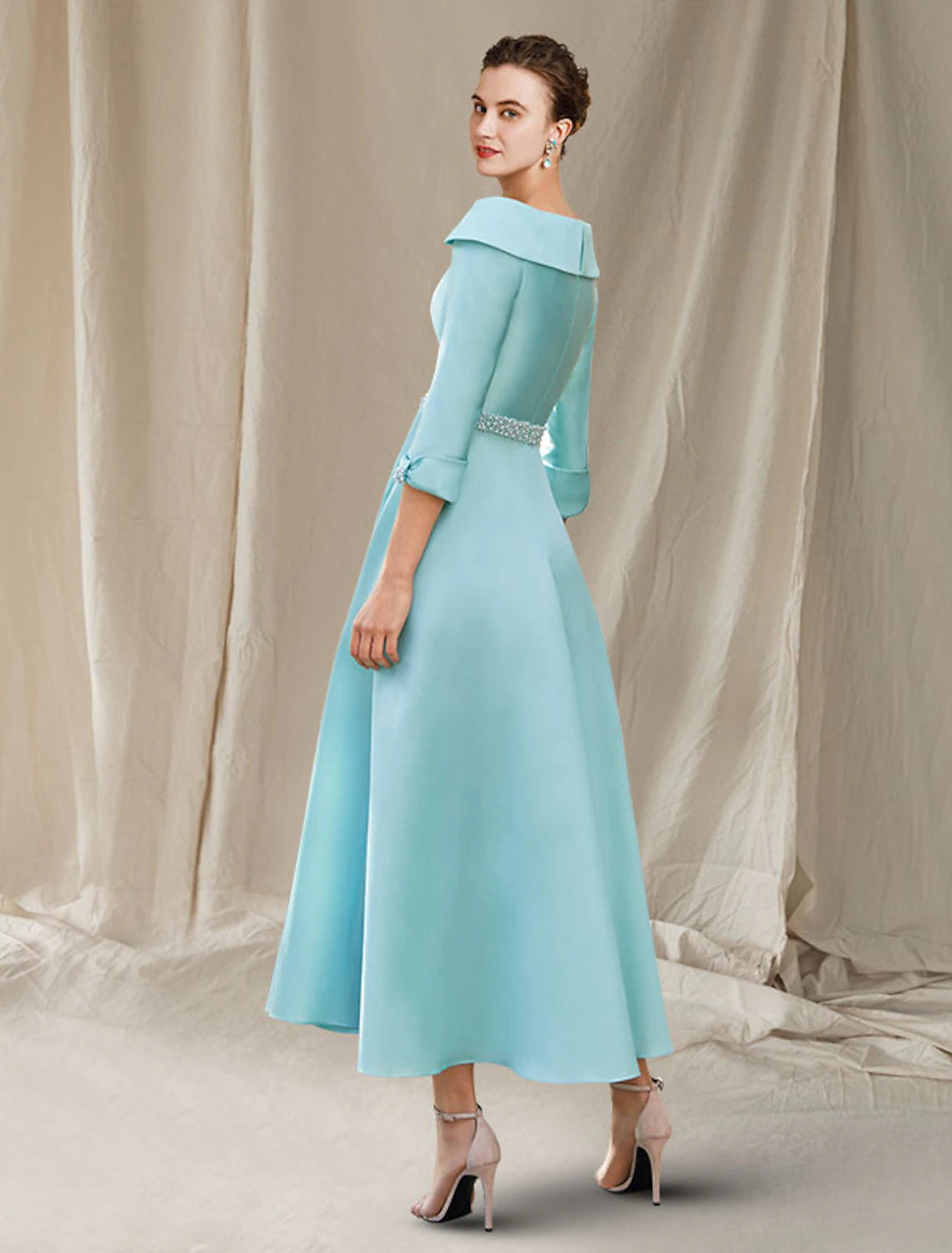 A-Line Mother of the Bride Dress Wedding Guest Elegant Luxurious Bateau Neck Ankle Length Satin 3/4 Length Sleeve with Sash / Ribbon Bow(s) Beading