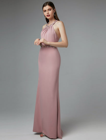 Sheath / Column Beautiful Back Dress Wedding Guest Prom Floor Length Sleeveless Halter Neck Spandex Crisscross Back with Beading