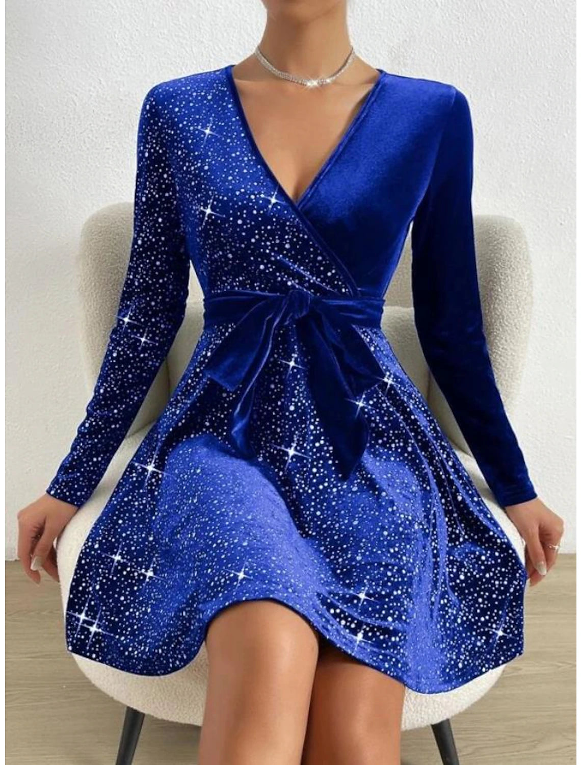 Women's Velvet Dress Party Dress Cocktail Dress Mini Dress Black Blue Green Long Sleeve Pure Color Lace up Spring Fall Winter V Neck Fashion Winter Dress Christmas Wedding Guest