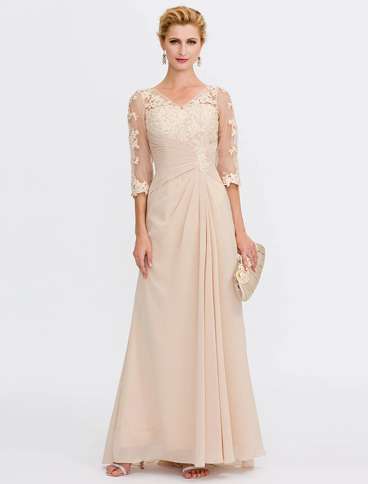 A-Line Mother of the Bride Dress Fall Wedding Guest Dresses Plus Size Elegant See Through V Neck Floor Length Chiffon Half Sleeve with Appliques Side Draping