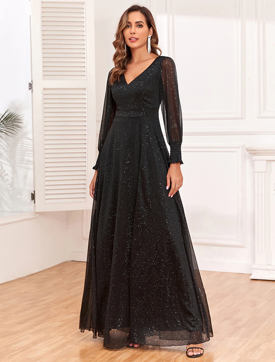 A-Line Evening Gown Empire Black Dress Party Gothic Tulle Dress Floor Length Long Sleeve V Neck V Back with Glitter Slit