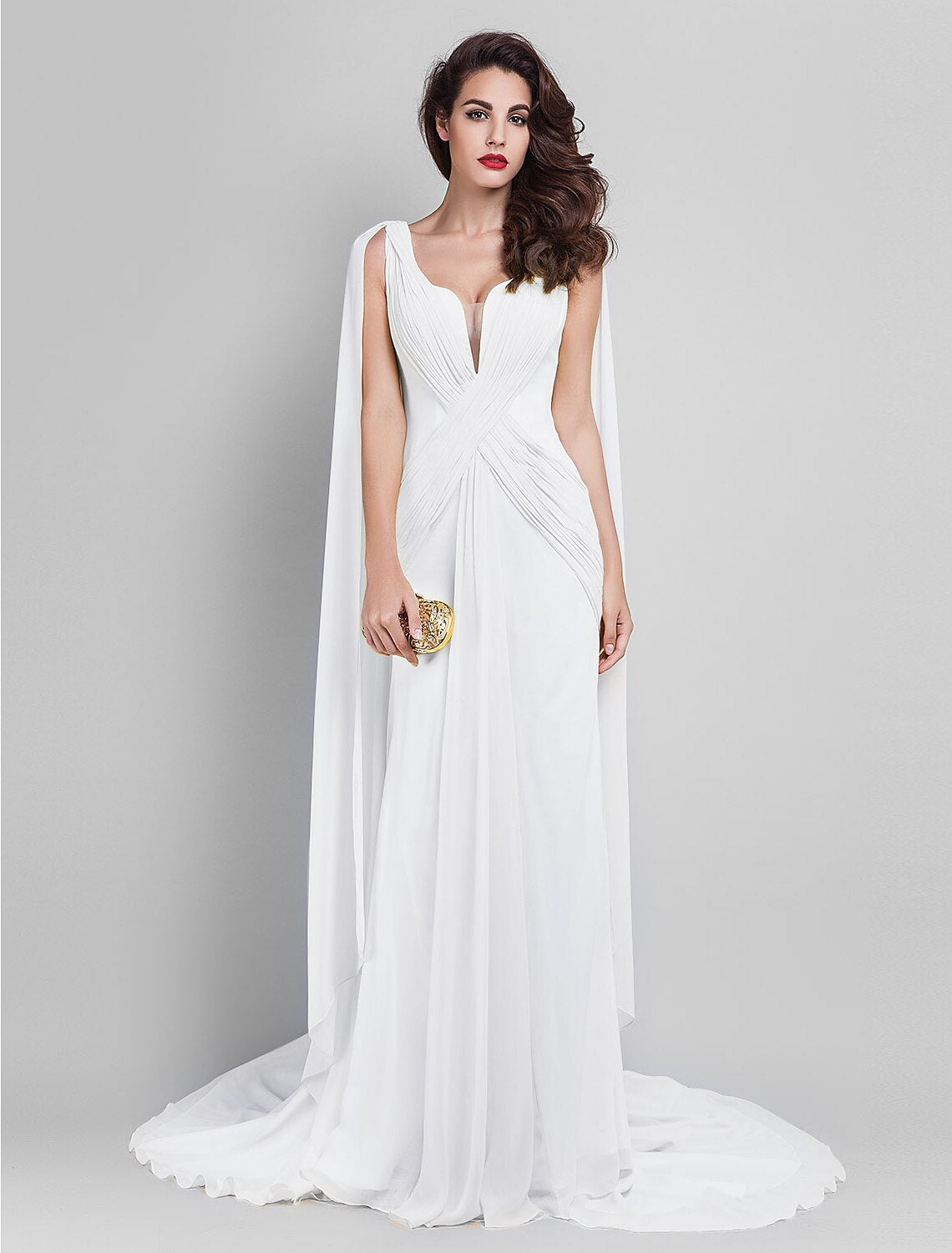 Sheath / Column Elegant Dress Wedding Guest Prom Court Train Sleeveless Plunging Neck Georgette V Back with Criss Cross Side Draping