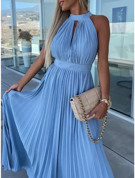 Women's Long Dress Maxi Dress Party Dress Casual Dress Summer Dress Pure Color Streetwear Casual Outdoor Holiday Going out Ruched Pleated Sleeveless Halter Neck Dress Slim Pink Blue Summer Spring S M