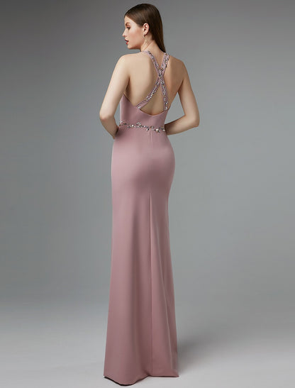 Sheath / Column Beautiful Back Dress Wedding Guest Prom Floor Length Sleeveless Halter Neck Spandex Crisscross Back with Beading