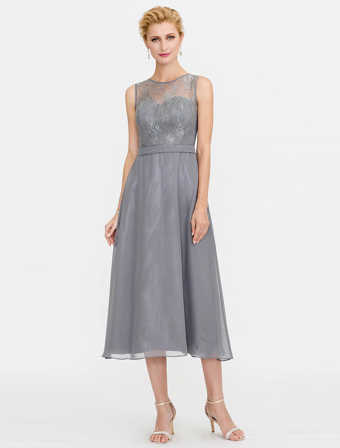 A-Line Mother of the Bride Dress Wedding Guest Elegant Plus Size Illusion Neck Tea Length Chiffon Corded Lace Sleeveless Wrap Included with Lace Pleats